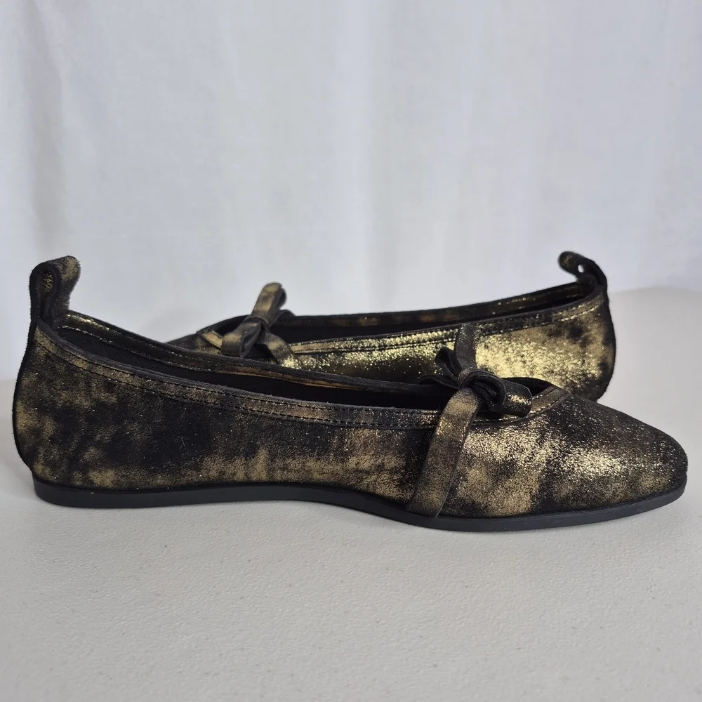 Free People Mania Bow Leather Ballet Flats in Bronze Age Metallic - Size 8